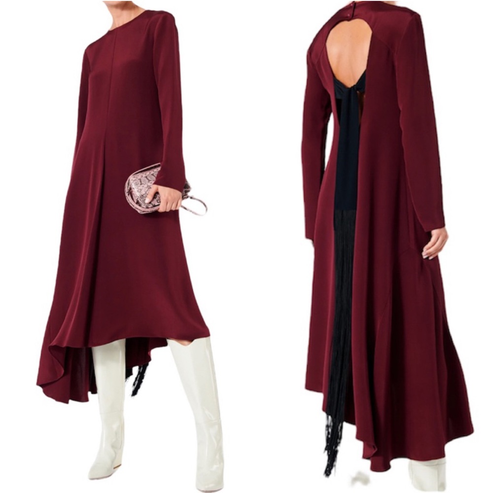 TIBI 100% Silk Asymmetrical Dress with Fringe NEW Size 6 Burgundy Maroon